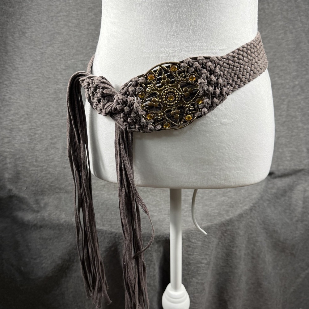 Vintage Boho Braided Rope Belt With Ornate Brass Jewel Medallion Tie Fringe